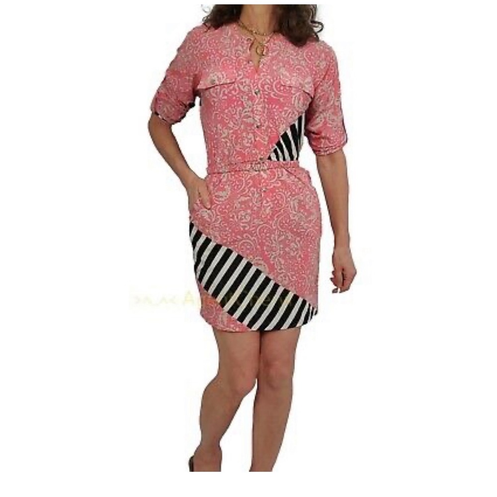 Anthropologie Yoana Baraschi Print Button Shirt Dress Pink Black White S…